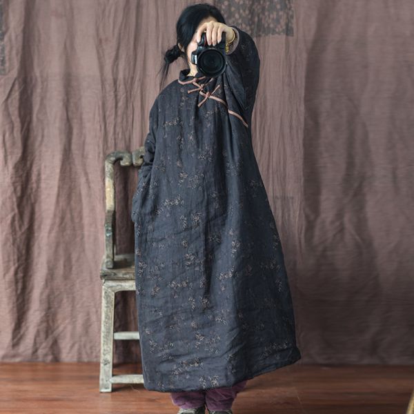 燕燕~棉麻商品~亞麻材質 長款斜襟盤扣棉袍洋裝 連身裙 