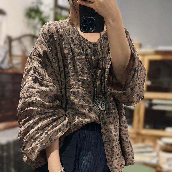 燕燕 文藝休閒百搭落肩圓領苧麻印花雙層開襟外套 