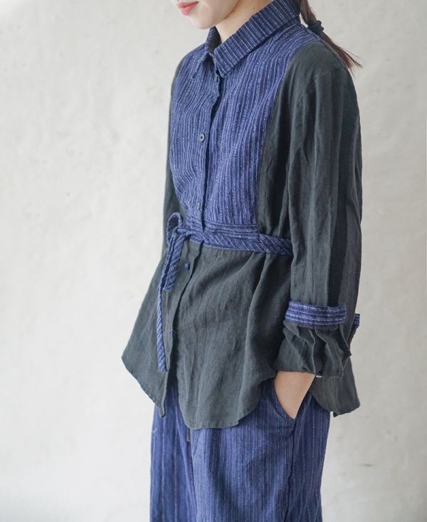 燕燕~亞麻 手工老布拼接個性複古做舊開衫襯衫 ab2103001 