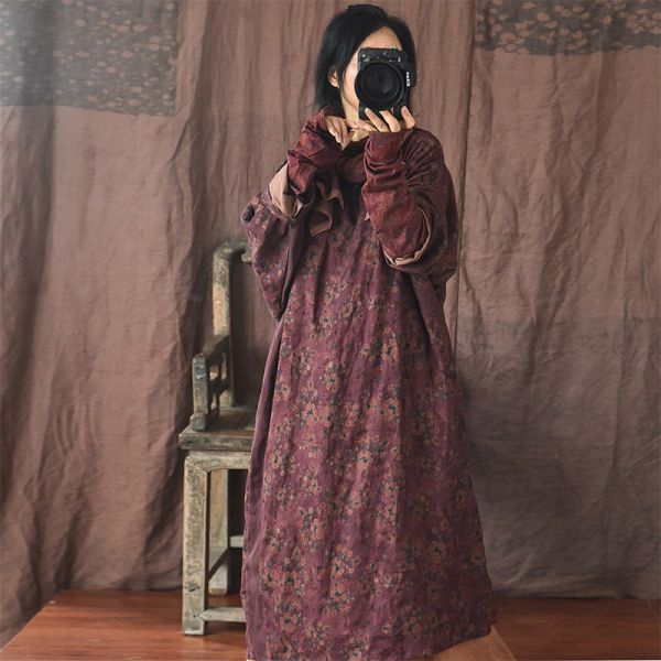 燕燕~秋季  砂洗做舊斜襟盤扣亞麻時髦花色 寬鬆洋裝 連身裙 