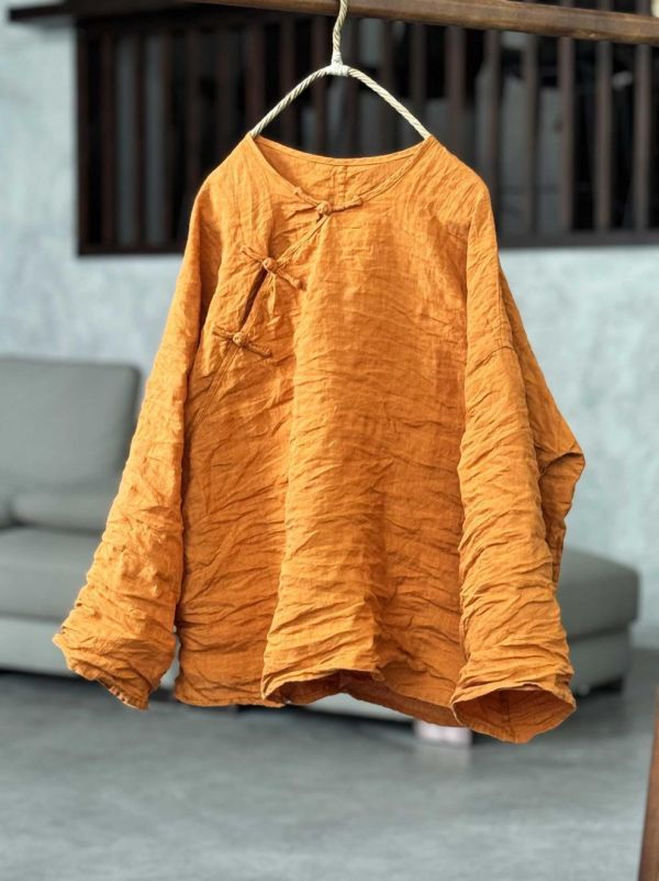 燕燕~夏季新款～復古盤扣亞麻立領中國風寬鬆中式襯衫 