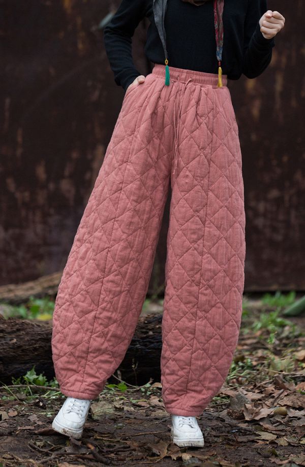 燕燕~秋冬新款 夾棉加厚絎縫菱形格老爹褲 文藝寬鬆百搭女式棉褲 長褲 