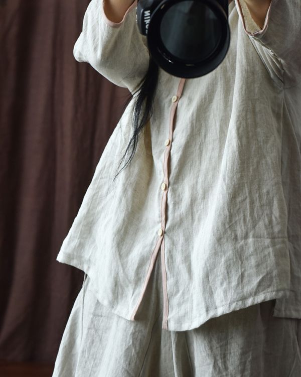 燕燕~亞麻。七分袖撞色邊V領開衫文藝上衣 襯衫 長袖棉麻衫 