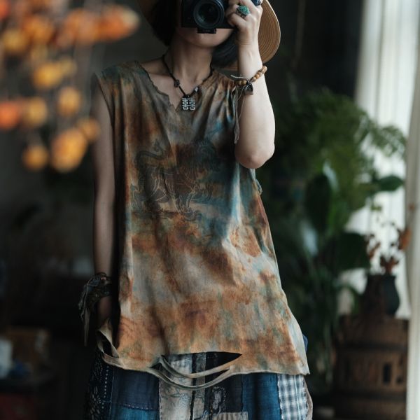 燕燕~夏季款式 復古手工植物染棉料V領背心 