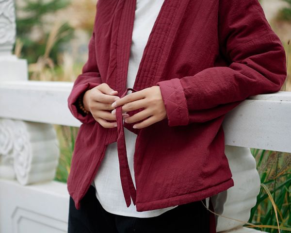 燕燕~秋冬款 棉麻材質 復古外套夾棉改良款 短款棉服棉衣外套>短大衣 