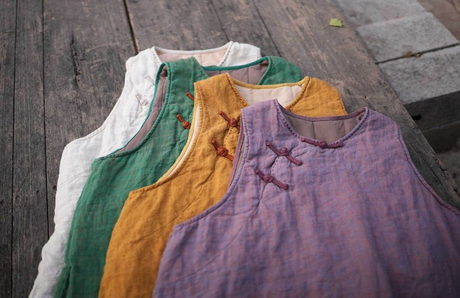 燕燕～色織亞麻 文藝復古中式盤扣夾棉寬鬆背心 