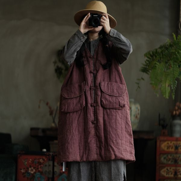 燕燕~棉麻商品~設計復古文藝小眾棉麻寬鬆口袋棉長背心  ab191701 