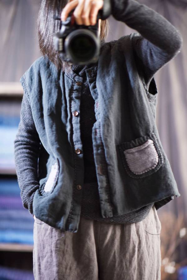 燕燕~亞麻材質 手織棉線口袋中長款開衫  夾棉背心棉麻杉 