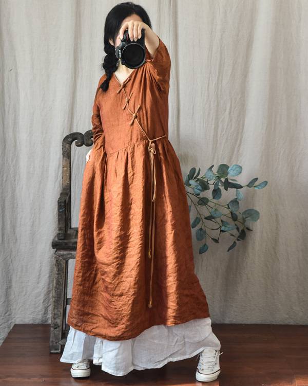 燕燕~棉麻商品~春夏秋新款 色織亞麻V領寬鬆繫帶盤扣洋裝 連身裙 