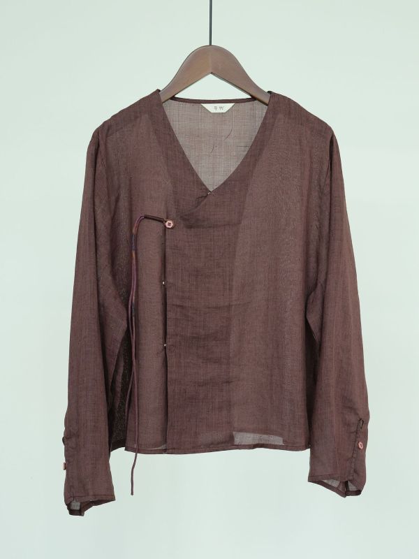 燕燕~棉麻商品~ 秋款 苧麻提花材質 做舊斜襟繫帶襯衫 開衫外套   ab2318801 