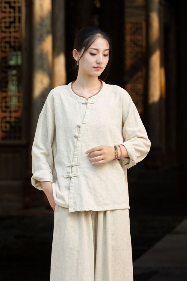 燕燕~秋冬新款 苧麻砂洗設計小衫 盤扣領花邊國風改良襯衫 上衣 