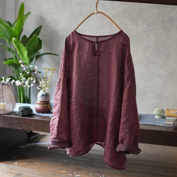 燕燕~四季款 雙色苧麻 雙面穿 盤扣長袖女襯衫 文藝復古圓領上衣 