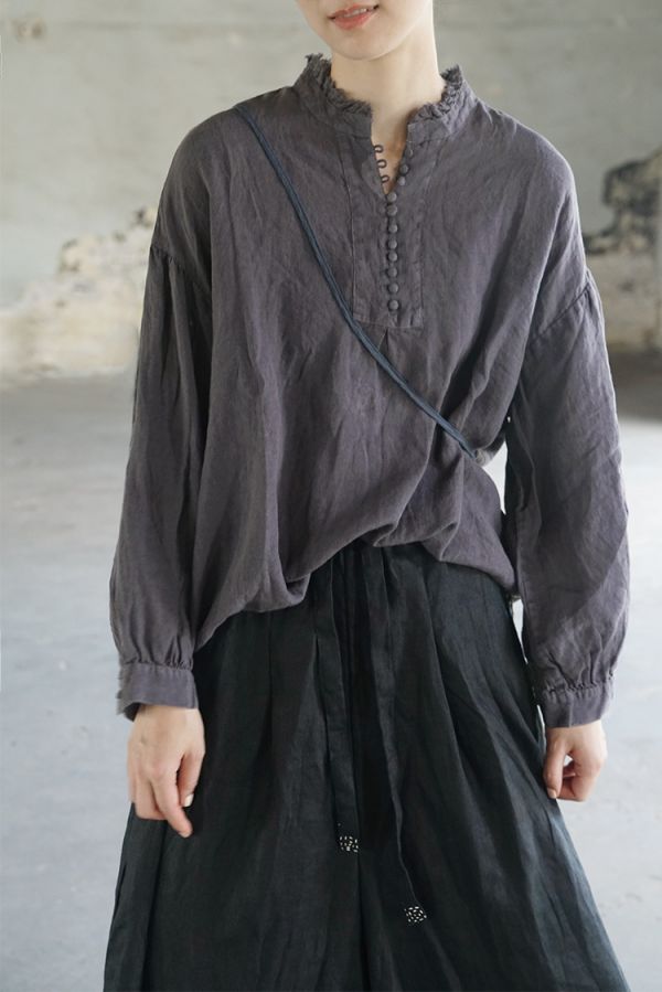 燕燕~棉麻商品~ 苧麻材質 立領長袖襯衫 復古百搭顯瘦上衣 1-2293 