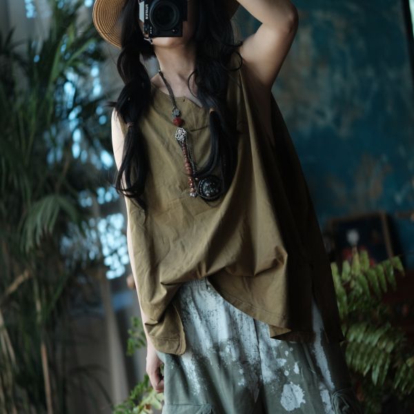 燕燕~夏季款式 復古手工植物染棉料V領背心 