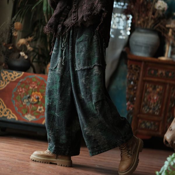 燕燕~秋冬新款 復古保暖休閒褲 設計感中式文藝加厚麻棉提花闊腿褲 ab080301 