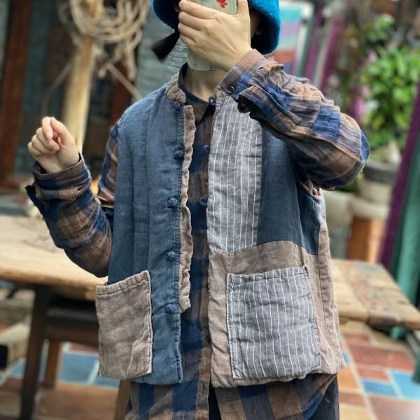 燕燕棉麻～純亞麻 復古文藝拼布寬鬆棉背心 ab179601 