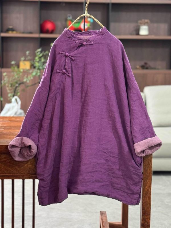 燕燕~夏季 復古盤扣亞麻女款立領 中長款寬鬆中式襯衫 