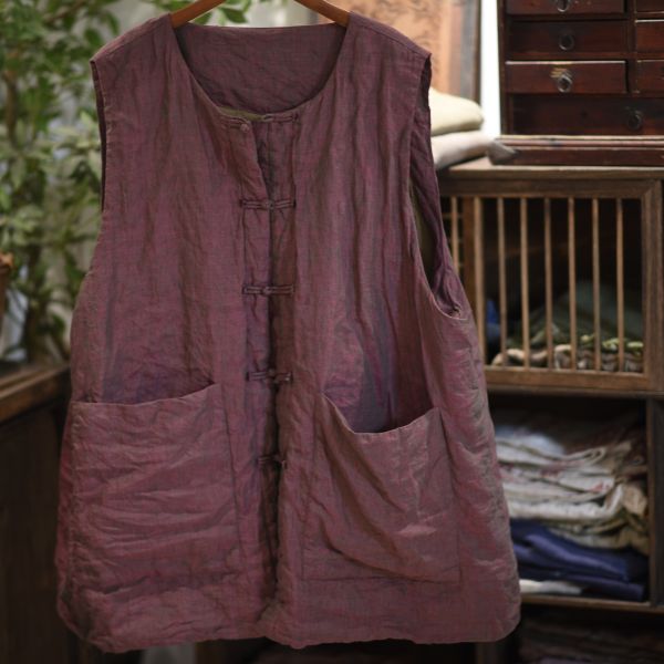 燕燕~色織亞麻中式盤扣雙層夾棉中長棉背心 