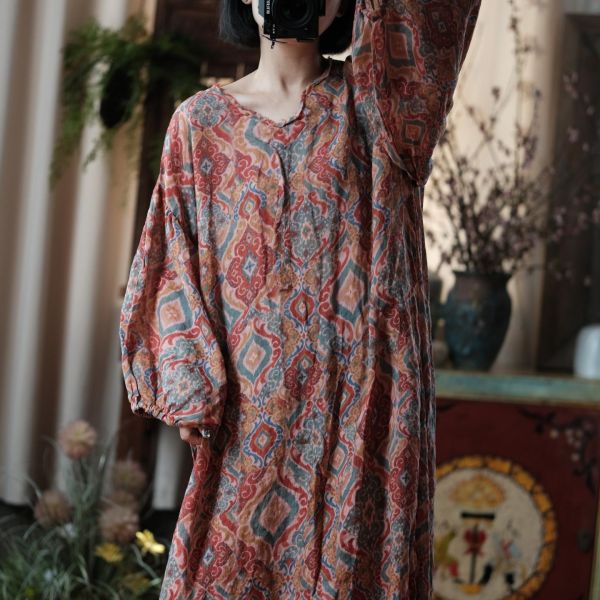 燕燕~棉麻商品~高品質苧麻印花寬鬆洋裝禪意氛圍感袍子洋裝 連身裙 ab199301 
