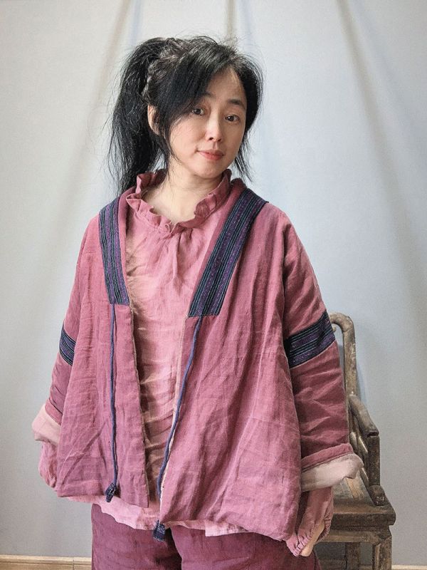 燕燕~秋冬款 亞麻短棉衣 復古老布料拼接繫帶開襟衫棉服外套 0 