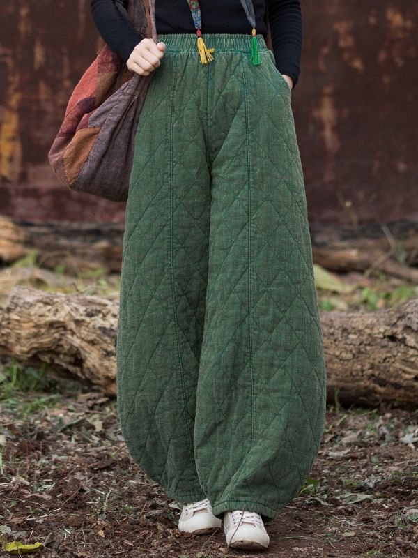 燕燕~冬季新款 復古夾棉絎縫菱形格加厚保暖燈籠棉褲 