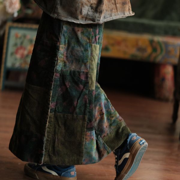 燕燕~復古文藝開叉古布拼接長裙 ab225201 