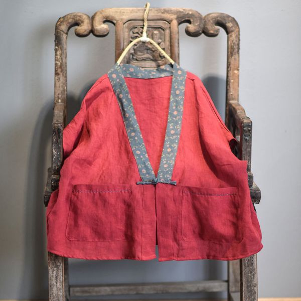 特價款 燕燕~棉麻商品~日系森林系~春秋款 亞麻材質 撞色寬鬆手工盤扣上衣 短袖棉麻衫 可當外套 