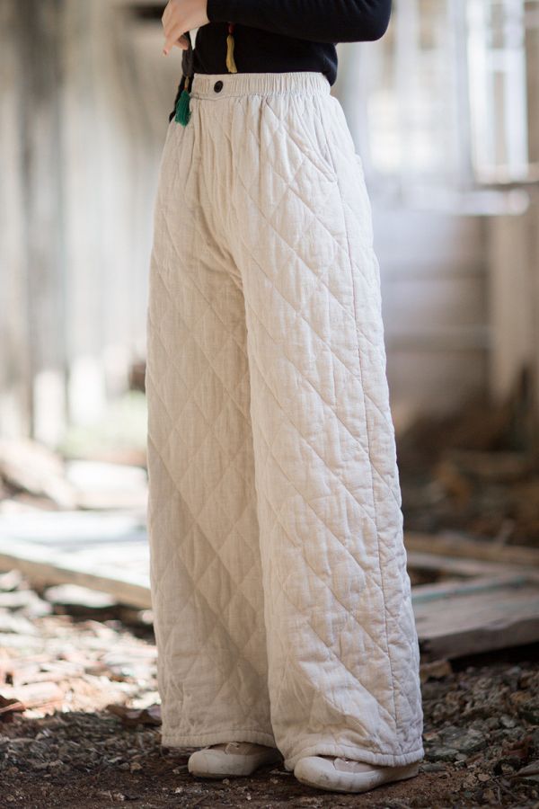 燕燕~冬季新款 苧麻夾棉菱格絎縫長褲  加厚保暖文藝直筒棉褲 