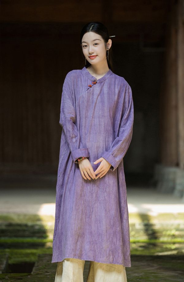 燕燕~棉麻商品~秋冬新款 改良旗袍裙手工紮染寬鬆遮肉茶服中式立領斜襟洋裝 連身裙 