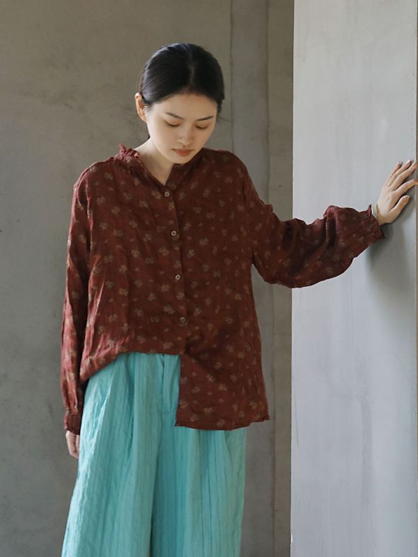 燕燕~棉麻商品~亞麻 木耳邊兩穿印花襯衫 寬鬆百搭春秋碎花上衣. ab2325301 