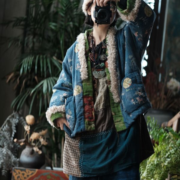 燕燕～復古文藝羊羔絨拼接印花寬鬆棉衣外套 ab226601 