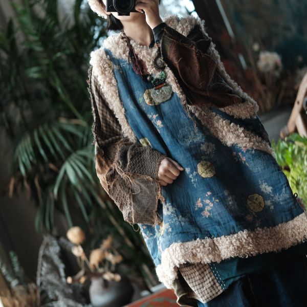 燕燕 復古斜襟盤扣羊捲毛夾棉背心棉衣棉服外套 ab2224101 