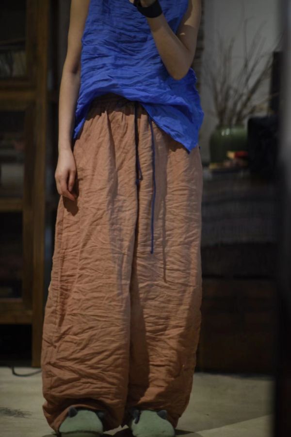 燕燕~砂洗加厚苧麻    撞色抽繩文藝復古休閒百搭寬鬆長褲 