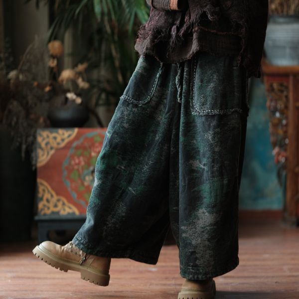 燕燕~秋冬新款 復古保暖休閒褲 設計感中式文藝加厚麻棉提花闊腿褲 ab080301 