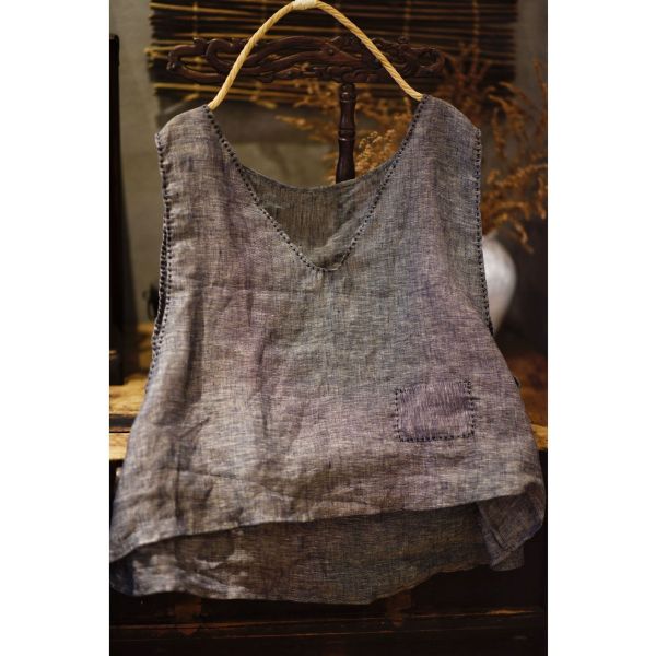 燕燕棉麻～藝術復古亞麻手縫線跡V領套頭寬鬆輕薄背心 