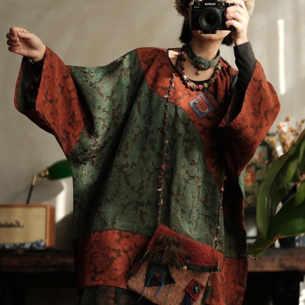 燕燕~棉麻商品~拼色復古文藝做舊人絲寬鬆大袖口中長斜襟襯衫 開襟衫 ab227801 