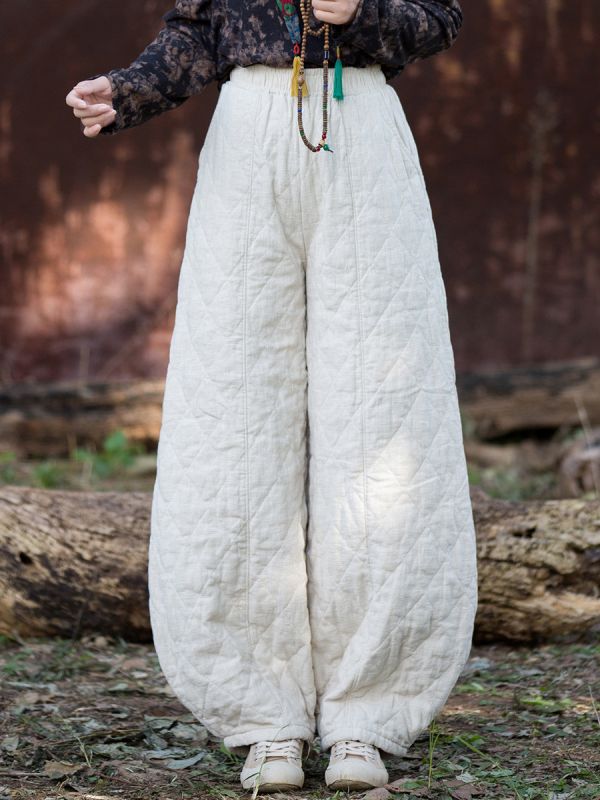 燕燕~冬季新款 復古夾棉絎縫菱形格加厚保暖燈籠棉褲 