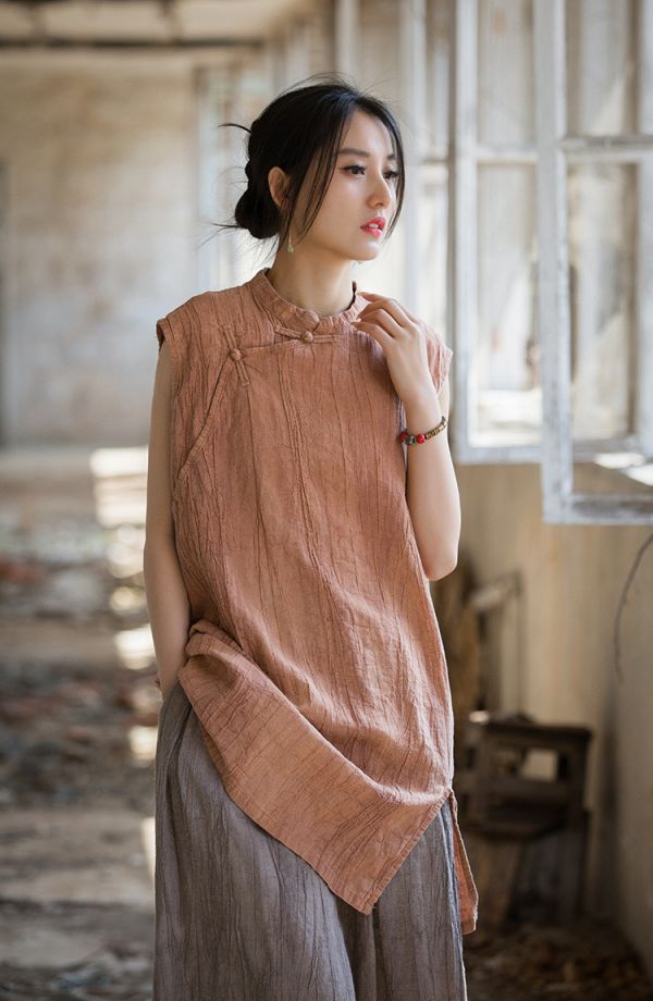 燕燕~莧麻薄款 夏季新款 全新中式盤扣無袖紮染上衣 