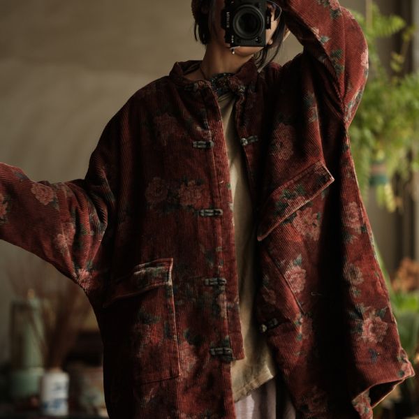 燕燕~秋冬款 文藝復古寬鬆粗條絨夾棉棉衣外套 長袍 ab214501 0 