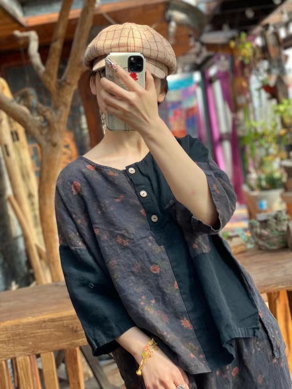 燕燕～純亞麻 印花純拼接中性寬鬆小衫上衣 棉麻衫  ab169501 