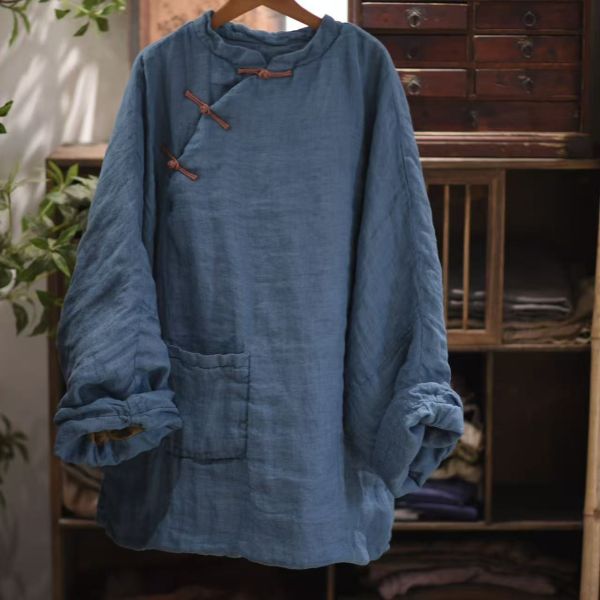燕燕~秋款 色織亞麻中式復古偏襟盤扣中長小棉袍上衣 ab25301 