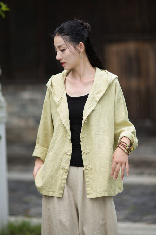 燕燕~秋季新款 苧麻連帽流浪風女式開襟衫 襯衫 外套 