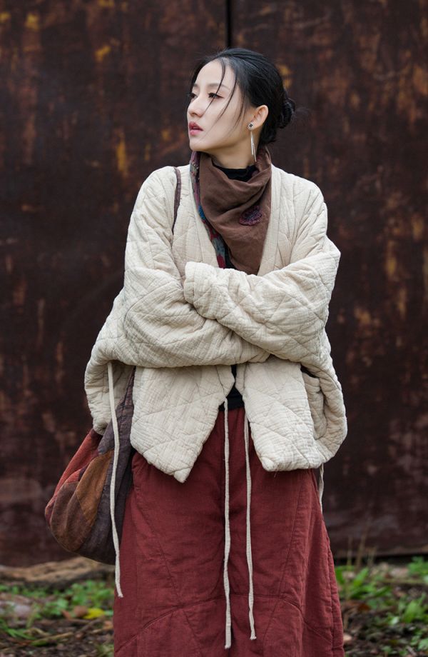 燕燕~秋冬新款  夾棉絎縫保暖棉服文藝隨性禪意風菱格女式短棉衣外套 