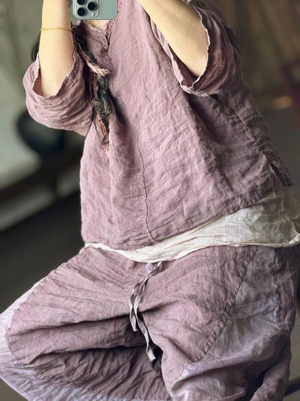 燕燕~亞麻~時尚舒適百搭寬鬆圓領女襯衫 上衣麻衫 上衣 