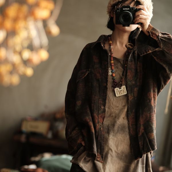 燕燕~秋冬新款 文藝復古雙層寬鬆翻領拼接開襟衫襯衫 ab96001 