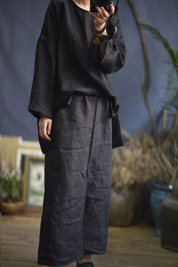 燕燕～亞麻復古春秋套頭開叉長袖麻衫 上衣 