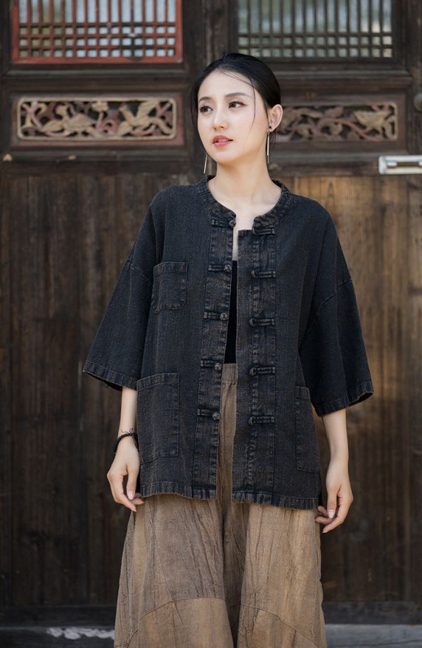 燕燕~夏季款式～莧麻 炒色做舊上衣 禪意茶服女盤扣襯衫 