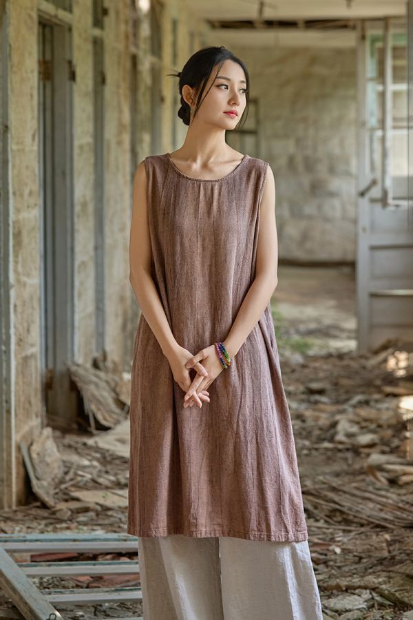 燕燕~秋款 亞麻紮染長裙 寬鬆顯瘦簡約無袖洋裝 連身裙 