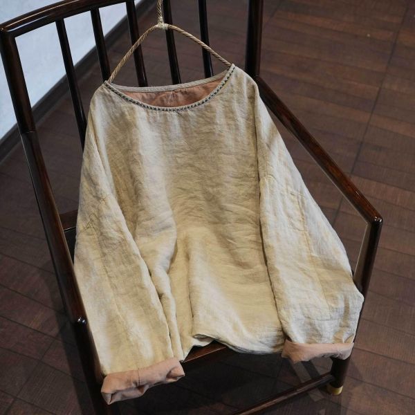 燕燕~色織亞麻 復古文藝寬鬆長袖小衫 雙層上衣襯衫 