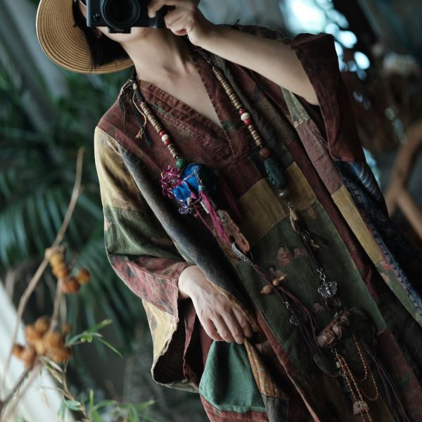 燕燕~寬鬆版型（此件商品不退換）~文藝復古棉麻襯衫裙 休閒寬鬆中袖V領連身裙袍子洋裝 ab221001 